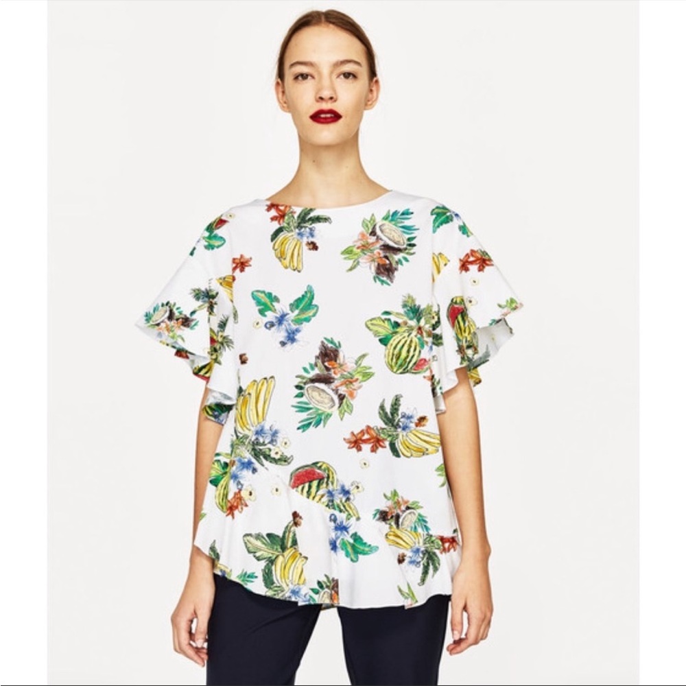 Zara Oversized Tropical Fruit Print Ruffle Blouse Top in Size X-Large NWT